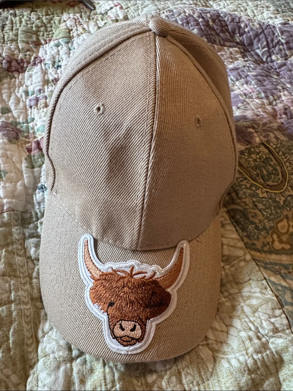 Highland Cow Embroidered Tan Baseball Cap